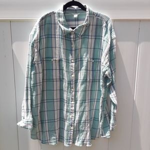 Caslon Sz 1X/XXL Long Sleeve Button Up Light Green Plaid Gauze Cotton Shirt Top